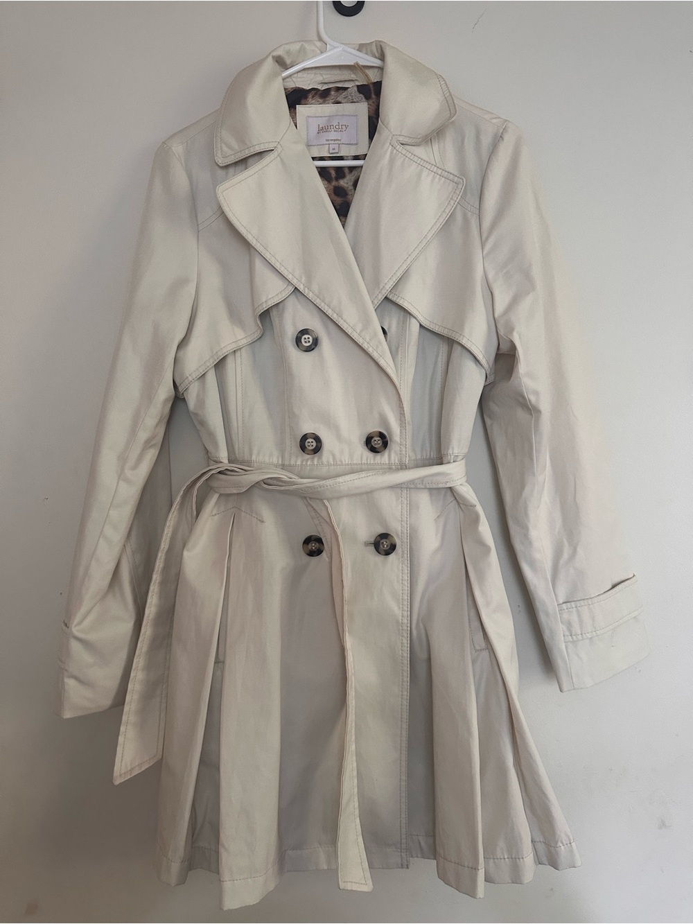 Laundry By Shelli Segal Double-Breasted Cream Trench with Waist Tie, Medium